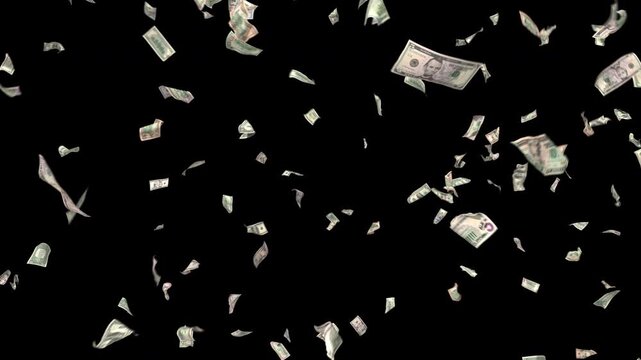 An explosion of dollar bills. Money flies onto the screen against a transparent background.