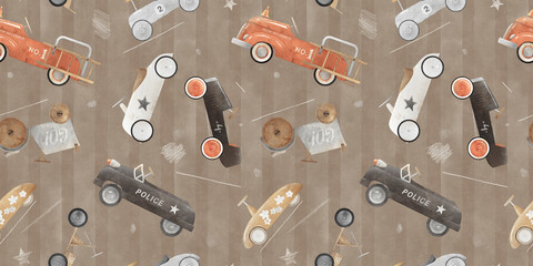 Vintage striped background with toy cars. Wallpaper for children's room. Cute background for wallpaper, fabric, wrapping paper.