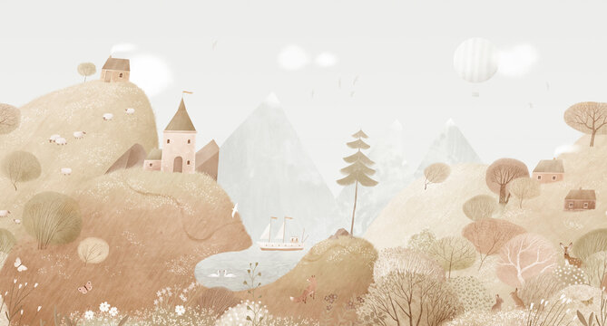 Cute watercolor landscape with hills, lake, village houses, castle. Landscape for a child's room. Hand drawn illustration. Wall art. Seamless pattern.