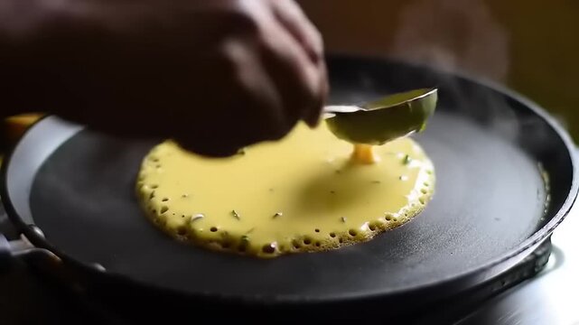 Batter pouring on hot griddle for cooking.