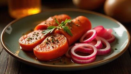 A plate of sliced tomatoes with red onion rings and parsley garnish on a wooden table surface top view