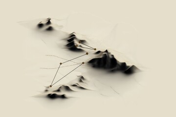 Abstract digital landscape with geometric lines and mountain forms in minimalistic style