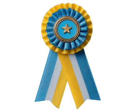 Blue ribbon yellow ribbon gold star award badge rosette decorative fabric isolated celebration achievement honor pride cheerful