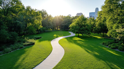 Aerial view of winding pathway through lush green park with sunlight filtering through trees