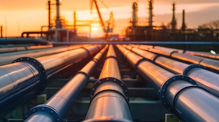 Industrial pipelines stretching into refinery infrastructure at sunset