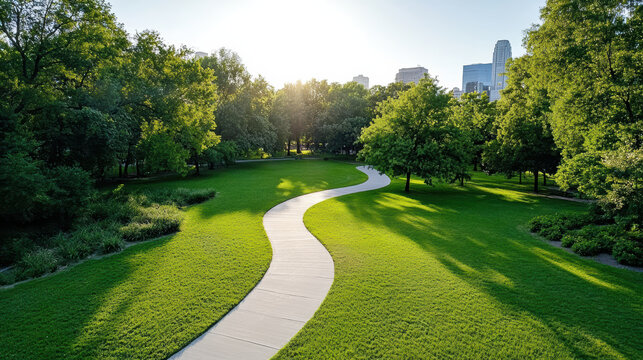 Aerial view of winding pathway through lush green park with sunlight filtering through trees
