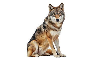 Fototapeta premium Eastern Wolf Sitting Isolated on White, Wild Canine Predator Stock Image