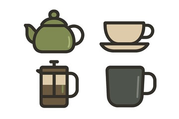 Obraz premium Stylized kitchenware set featuring teapot French press teacup and coffee mug design