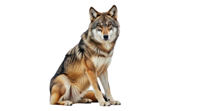 Eastern Wolf Sitting Isolated on White, Wild Canine Predator Stock Image