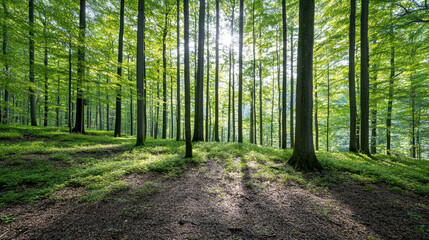 Fototapeta premium Lush green forest with tall trees and sunlight filtering through leaves, creating serene