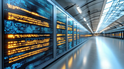 High tech data center with illuminated server racks and glowing data streams
