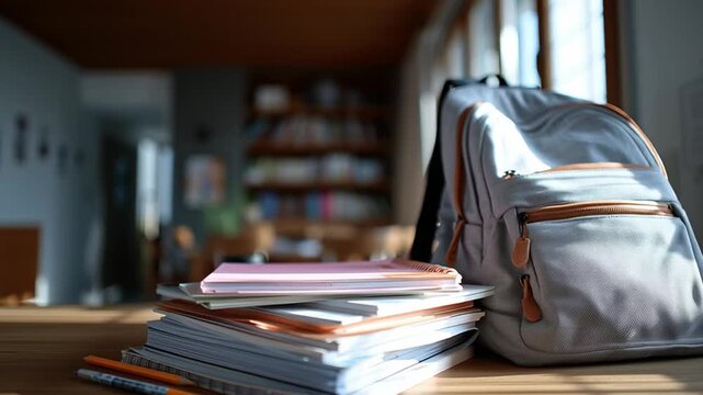 A bright and organized study space features neatly stacked notebooks and stationery beside a backpack. Sunlight streams through the windows, enhancing the calm environment suited for learning.