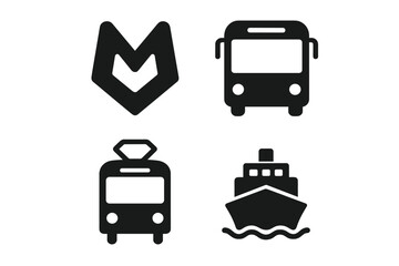 Fototapeta premium Essential public transit icons: bus, streetcar, ferry boat, and abstract navigation marker