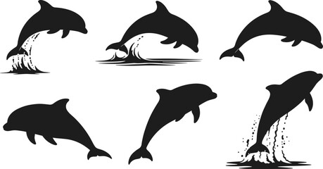 Black Dolphin Silhouettes in Motion with Splash Effects, Jumping, Swimming, and Diving Marine Mammals for Ocean Wildlife Vector Design