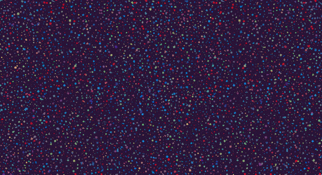 Dark purple background with scattered multicolored irregular geometric confetti fragments