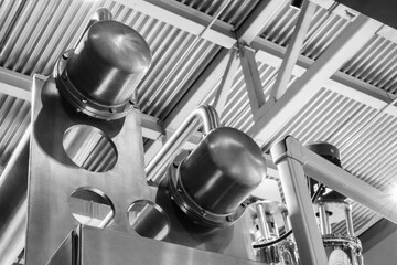 Food production machine with stainless steel pipes, cooling radiator as separator and tanks, valves and measuring instruments