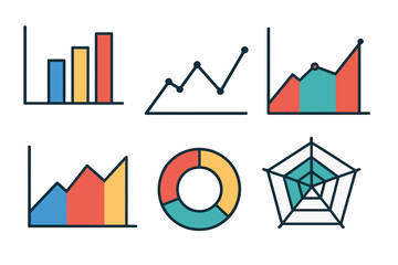 Essential business data visualization charts and graphs set including bar, line, area, donut, and radar diagrams