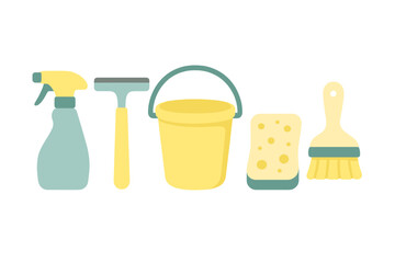 Obraz premium Household cleaning supplies arranged in a row: spray bottle, squeegee, bucket, sponge, and brush