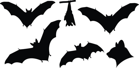 Black bat silhouettes flying and hanging upside down vector illustration set, Halloween spooky animal icons, nocturnal wildlife graphic design elements