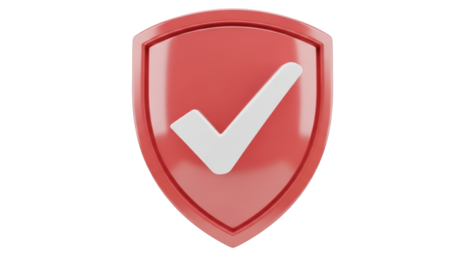 Isolated glossy red shield with check mark, protection and security design concept object