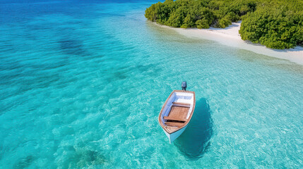 Obraz premium Serene fishing boat anchored in crystal clear turquoise waters near lush green island