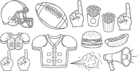 American football fan gear, stadium food, foam fingers, helmet, shoulder pads, cheering hands, sports culture, game day vector illustration