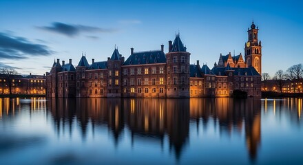 Fototapeta premium Binnenhof Reflection - Serene Dusk at The Hagues Historic Landmark.