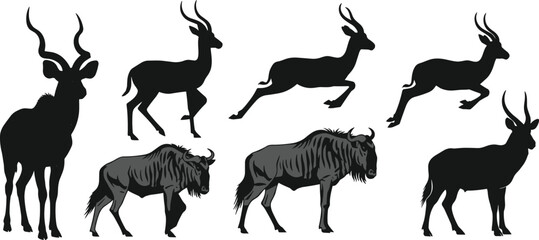 African wildlife silhouettes of antelopes and wildebeests in dynamic poses, standing, walking, and leaping, isolated vector illustration design
