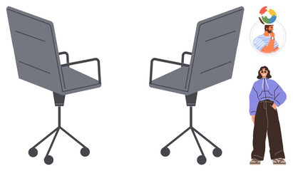 Two modern office chairs for workspace setup alongside illustrated characters symbolizing teamwork, creativity, and diverse perspectives. Ideal for office, meetings, workplace diversity
