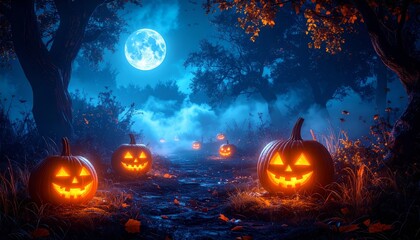 Magical Halloween Festival with Glowing Pumpkins and Lights at Night background mockup