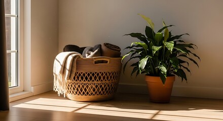 Fototapeta premium Tranquil indoor scene with woven basket of cozy blankets and a potted peace lily bathed in soft sunlight creating a