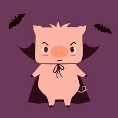 cute hand drawn cartoon character vampire pig and flying bats funny halloween holiday vector illustration on purple background