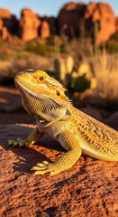 Obraz premium Bearded Dragon basking in the Arizona desert sunlight.