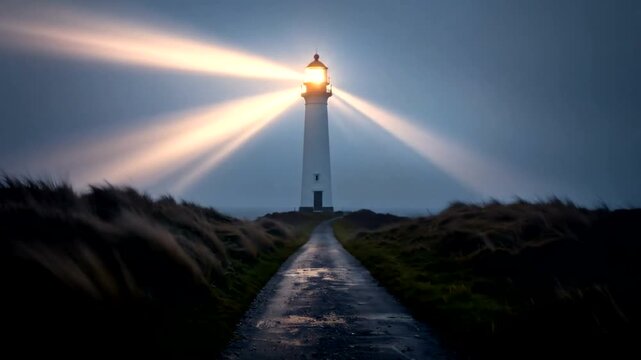 Tall white lighthouse shines bright light beams across a dark, grassy coast.