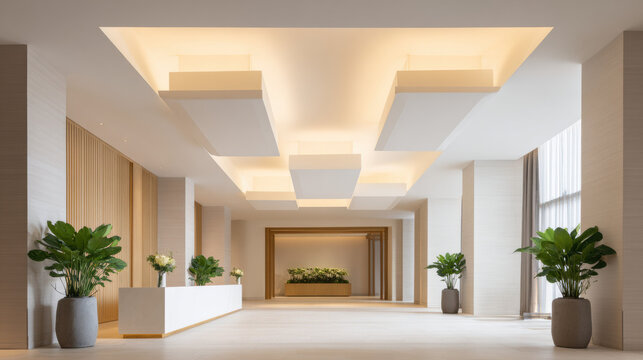 Calm, bright hotel lobby interior with an elegant, spacious corridor and modern architecture. minimalist design and high ceiling create serene, welcoming ambiance