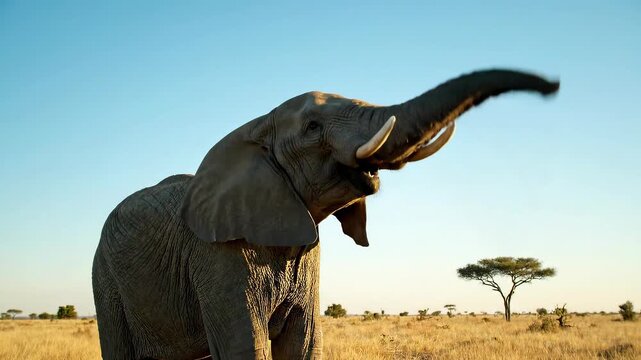 African Elephant Raising Its Trunk in a Sunny Savanna