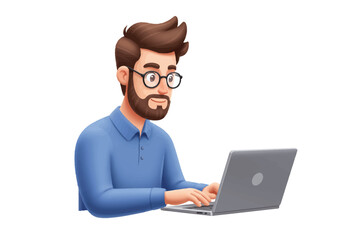 Smiling 3D cartoon businessman with glasses working on a laptop.