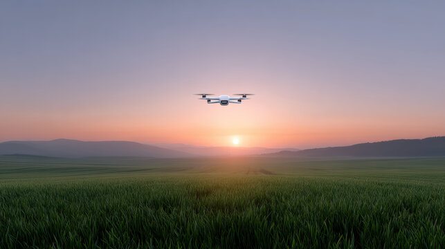 Peaceful agricultural drone scanning vast green field at sunrise. Modern technology offers hopeful future for farming, agriculture, and smart farm innovation over serene landscape
