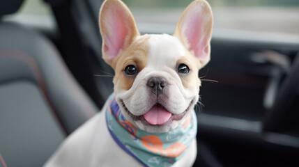 Happy, smiling French Bulldog puppy wearing colorful bandana sits in car. cute dog looks joyful during travel, perfect pet for family journey or adventure