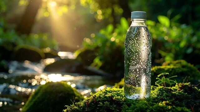 苔むした岩の上の水筒　小川の光を映す静かなシーン