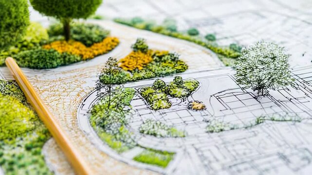 Landscape architecture planning with miniature model and blueprint