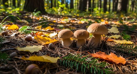 Boletus Edulis Mushrooms in Autumn Forest Sunlight.