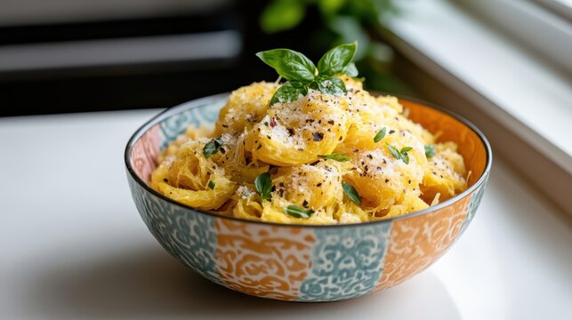 Spaghetti Squash Bowl with Parmesan and Basil, Healthy Vegetarian Meal, Close-up, Vibrant Colors, Food Photography, Window Light