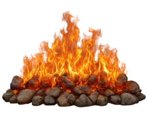 Burning fire with bright orange flames and realistic stones, creating warm and cozy atmosphere, perfect for home interior, fireplace design, or digital art element