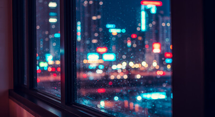 Night cityscape view through a rain-splattered window