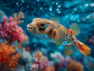 Fototapeta premium A fish swimming gracefully in the ocean among tropical coral in a vibrant marine scene