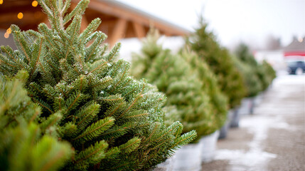 Freshly cut christmas trees with snow dusting their green needles lined up for sale at an outdoor retail market, bringing festive spirit for winter holidays