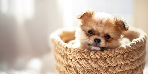 Charming tiny teacup puppy nestled comfortably in a woven basket bathed in bright sunlight