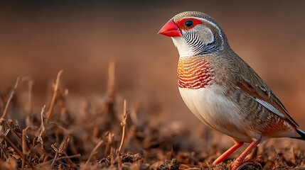 Brightly colored zebra finch standing gracefully on green grass in a vibrant natural habitat