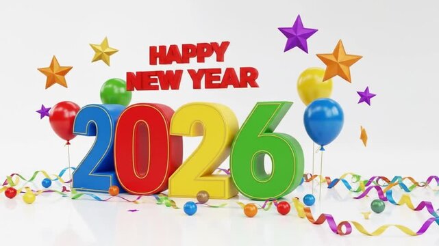 Happy New Year 2026 3D render with colorful balloons, confetti and stars in vibrant photorealistic festive design, highly detailed holiday celebration, JPG ... See More